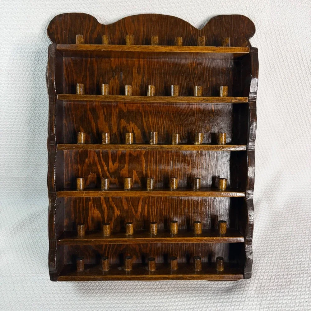 Vintage Wood Thimble Display Rack Wall Hanging 42 Pegs Scalloped Edge Dark Brown